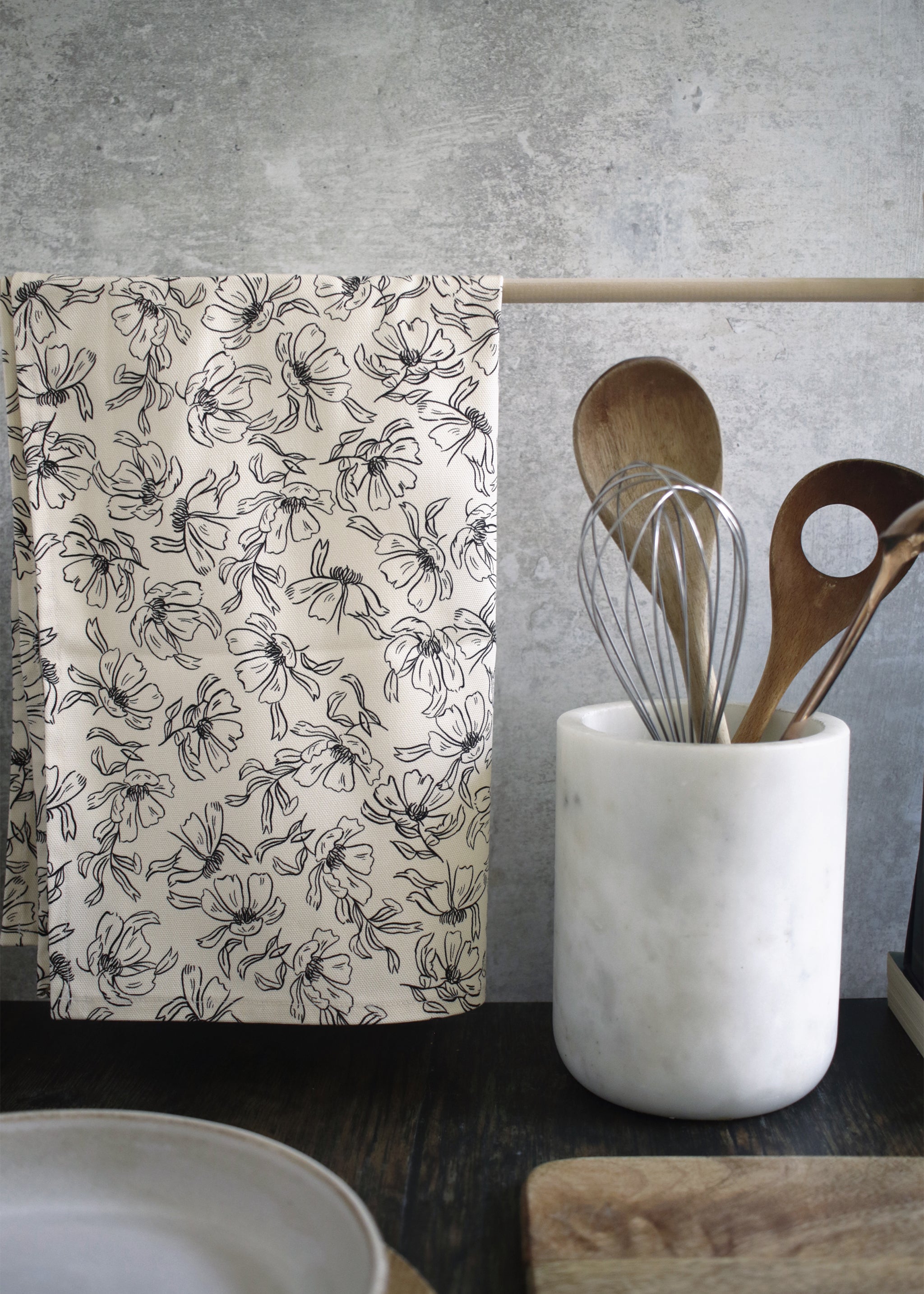 Linework Cream Floral Tea Towel