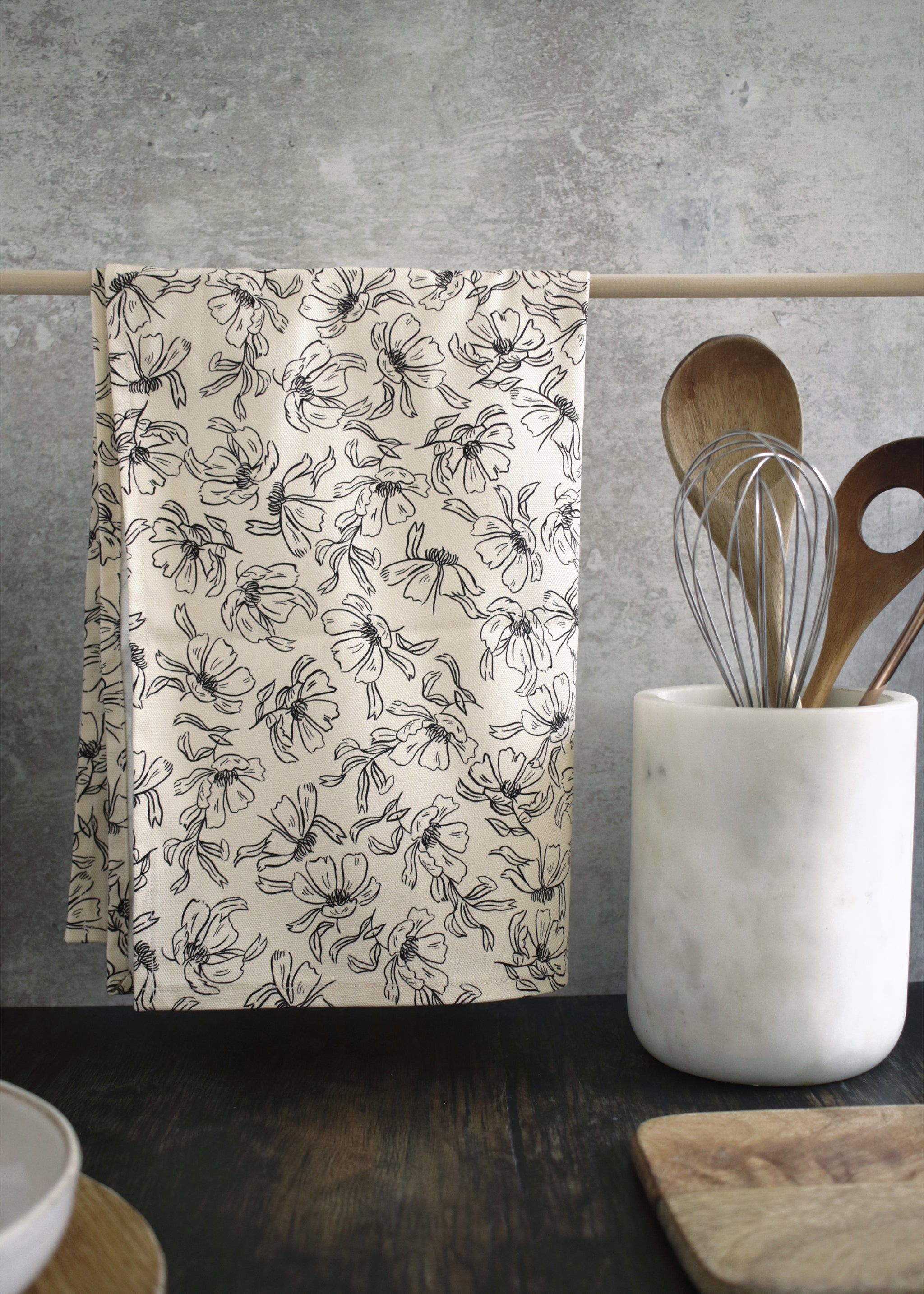 Linework Cream Floral Tea Towel