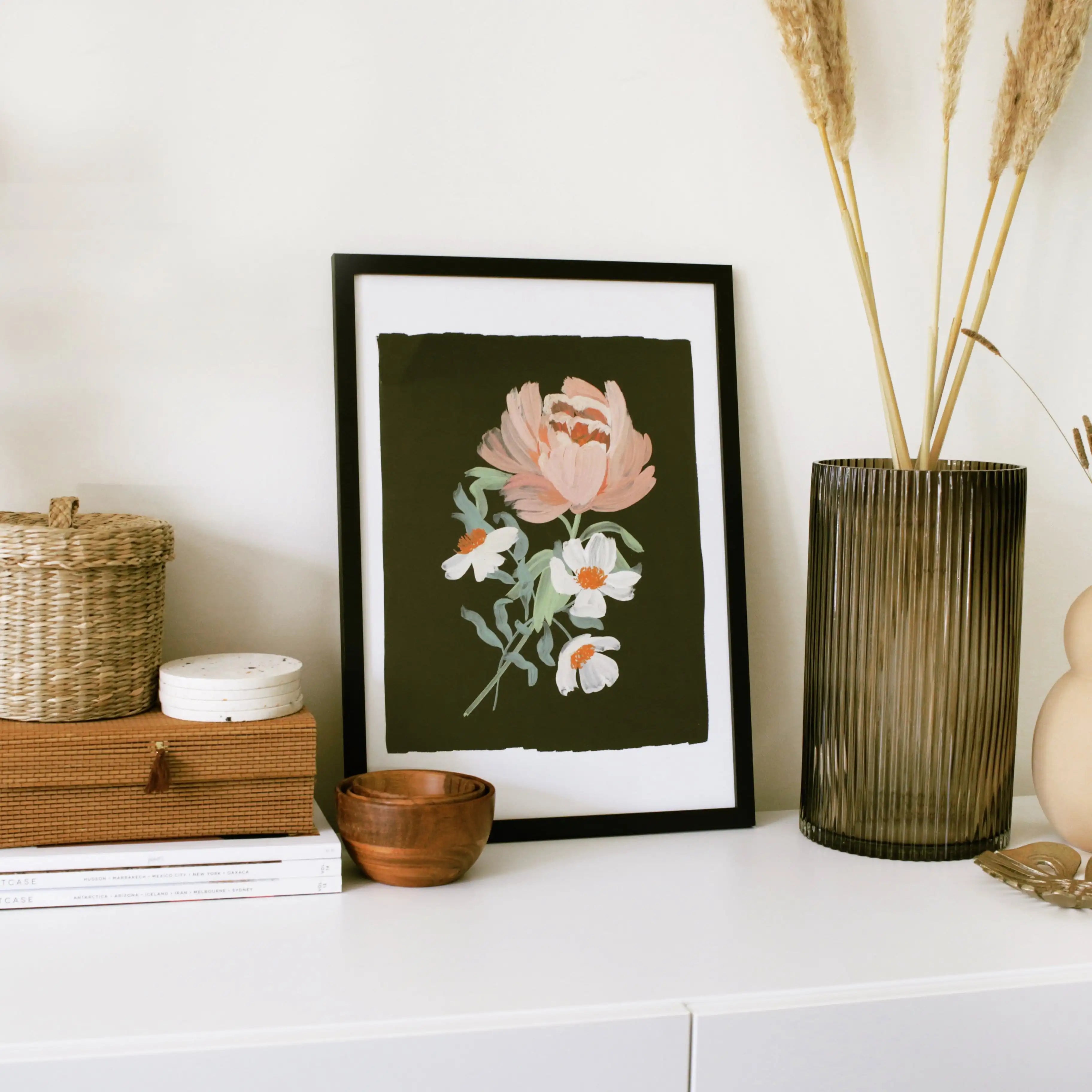 Flower Wall Art Print - Peony, Black (A3 / A4)
