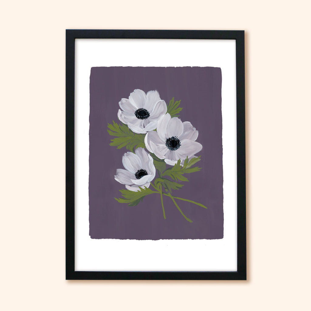 Purple Floral Botanical Art Print - White Anemone