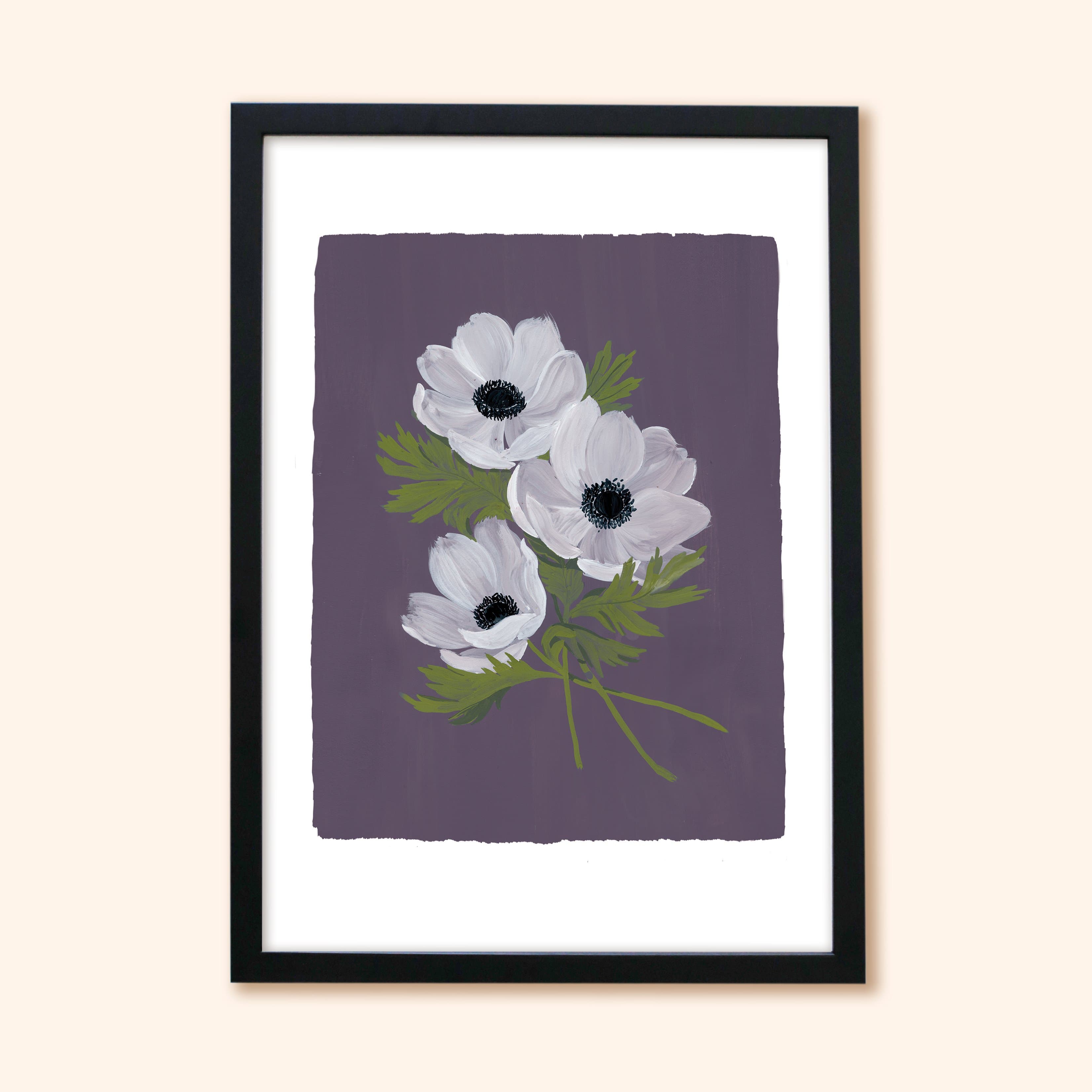 Purple Floral Botanical Art Print - White Anemone