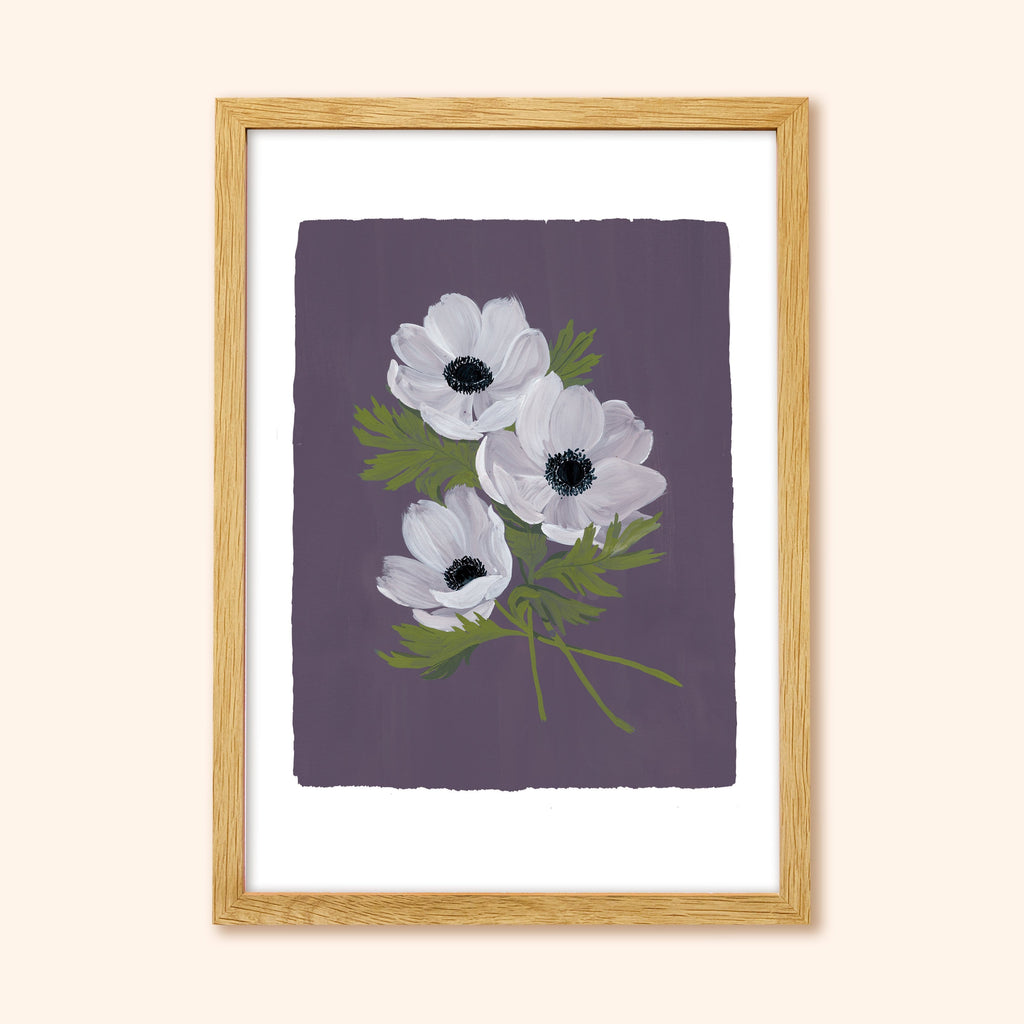 Purple Floral Botanical Art Print - White Anemone