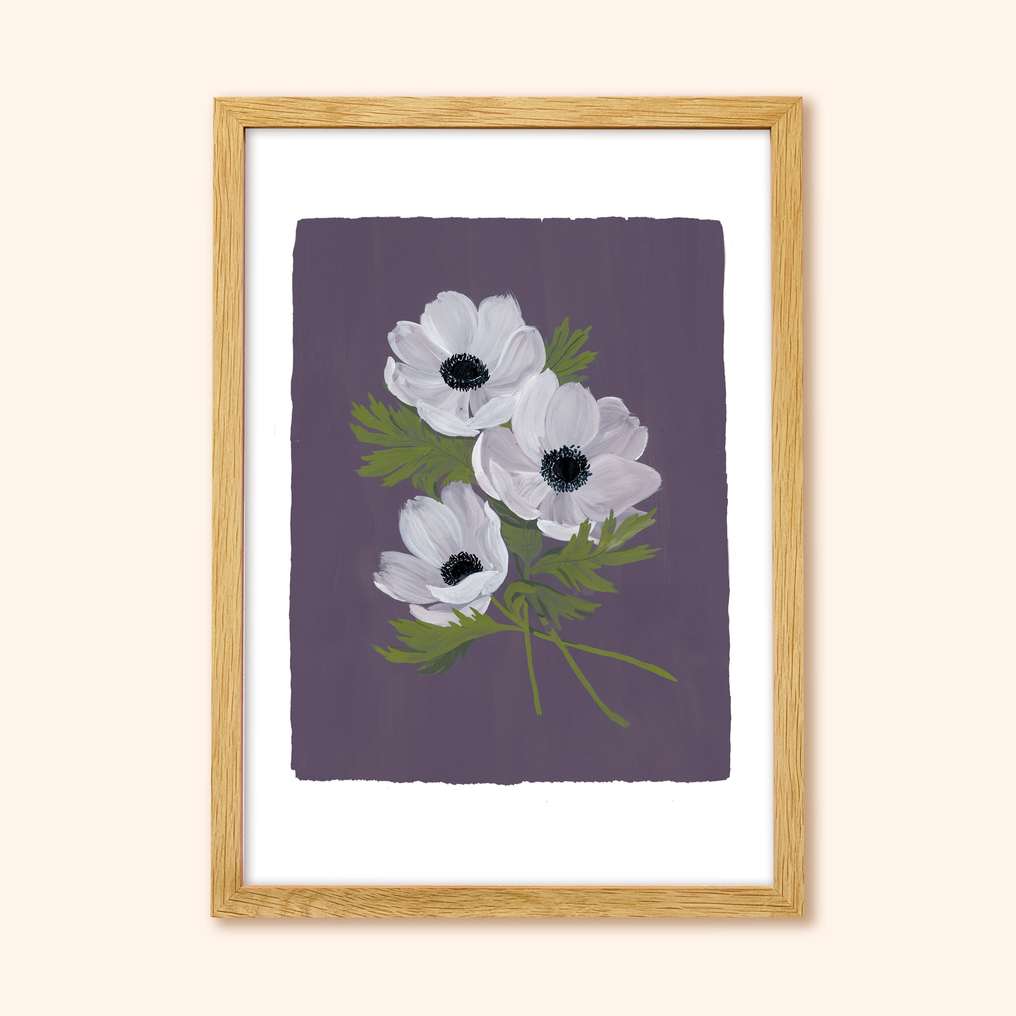 Purple Floral Botanical Art Print - White Anemone