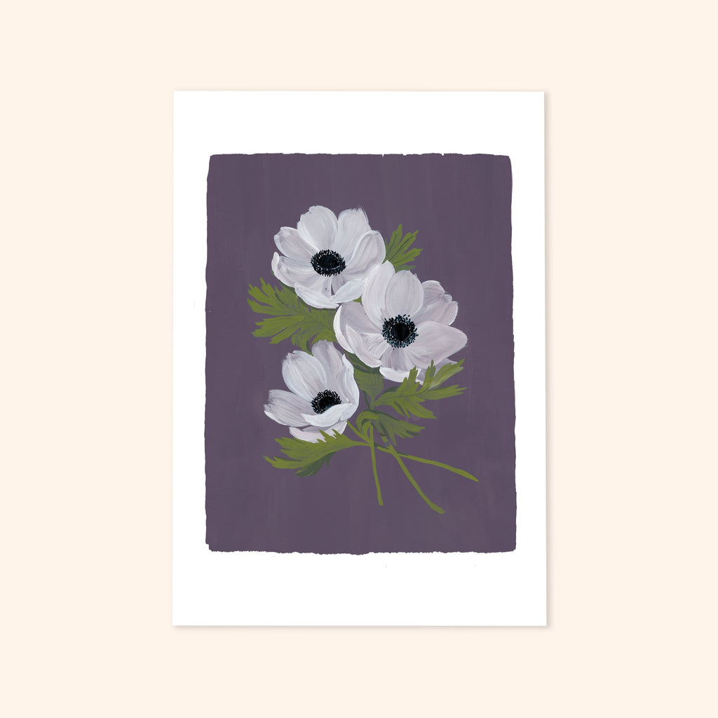 Purple Floral Botanical Art Print - White Anemone