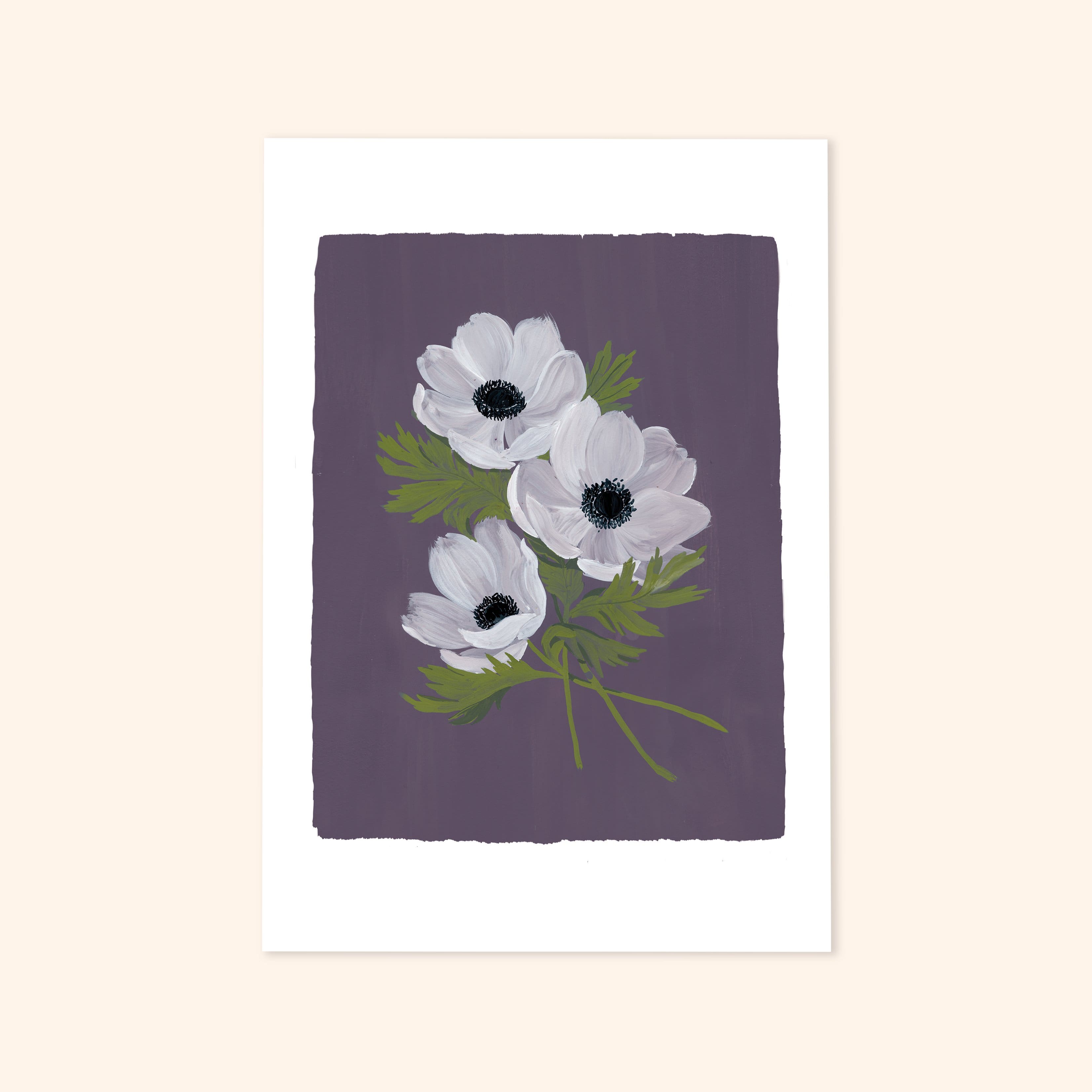 Purple Floral Botanical Art Print - White Anemone