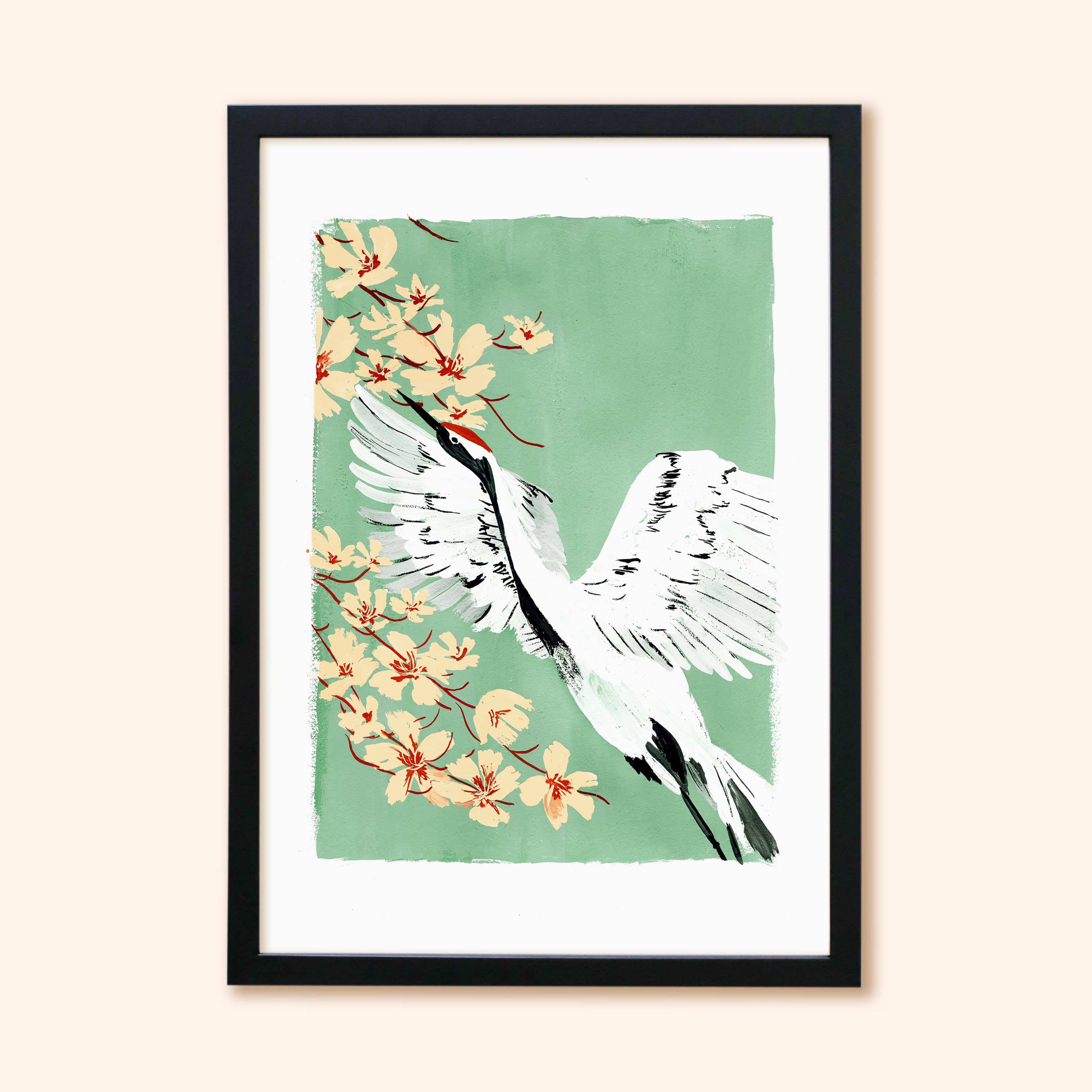 Teal Botanical Japanese Crane Bird Print