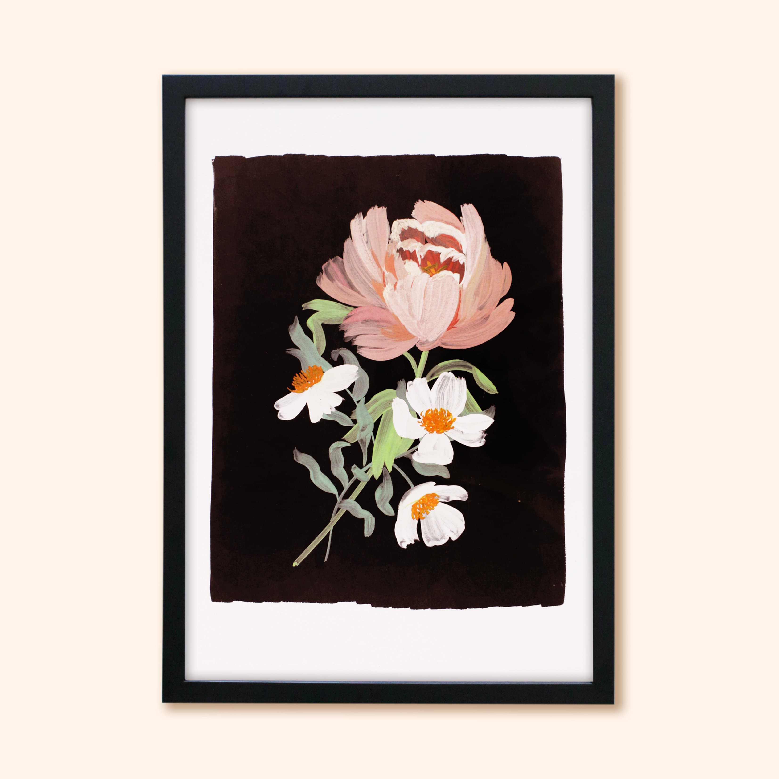 Black Floral Botanical Giclee Print - Paeonia