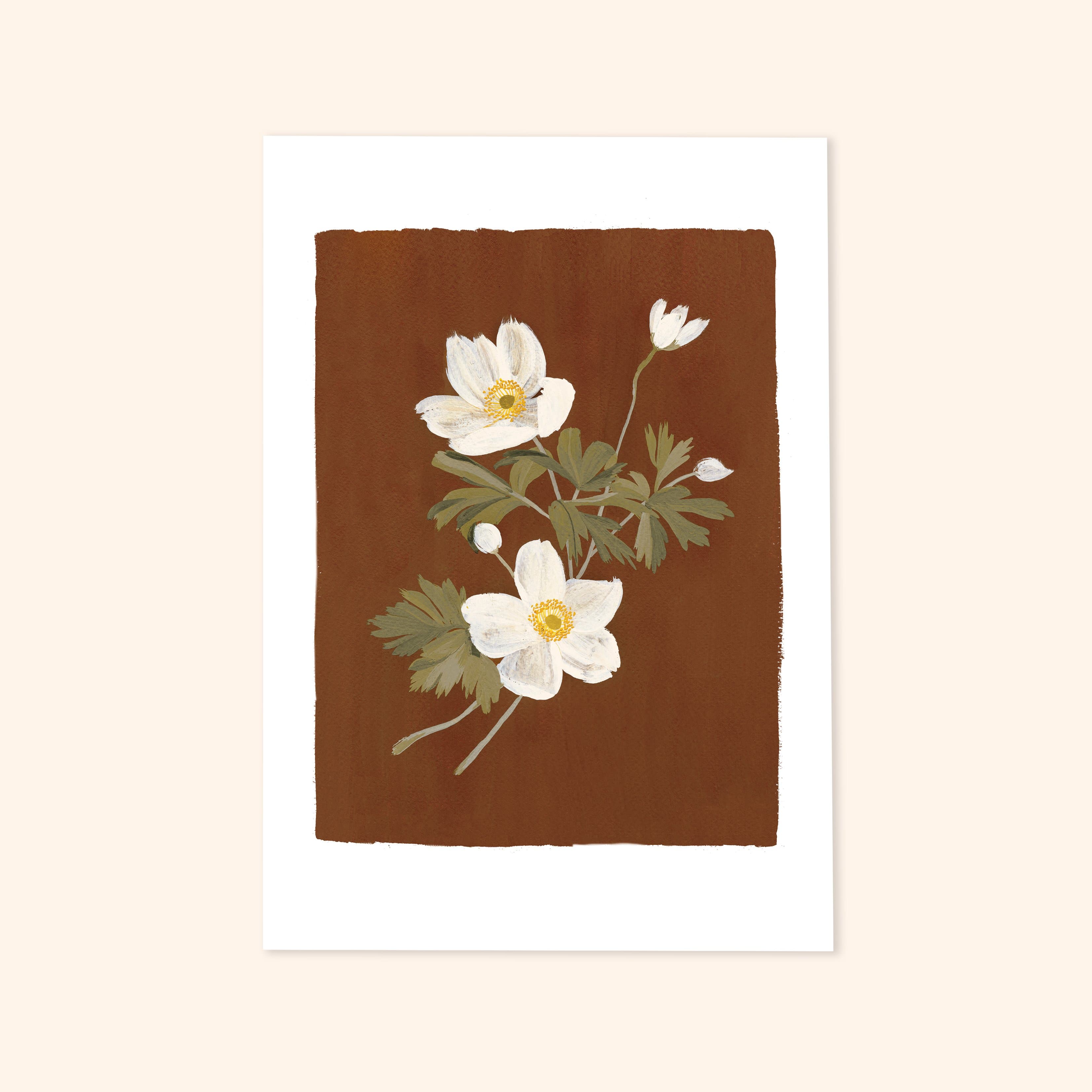 Brown Floral Botanical Art Print - Japanese Anemone