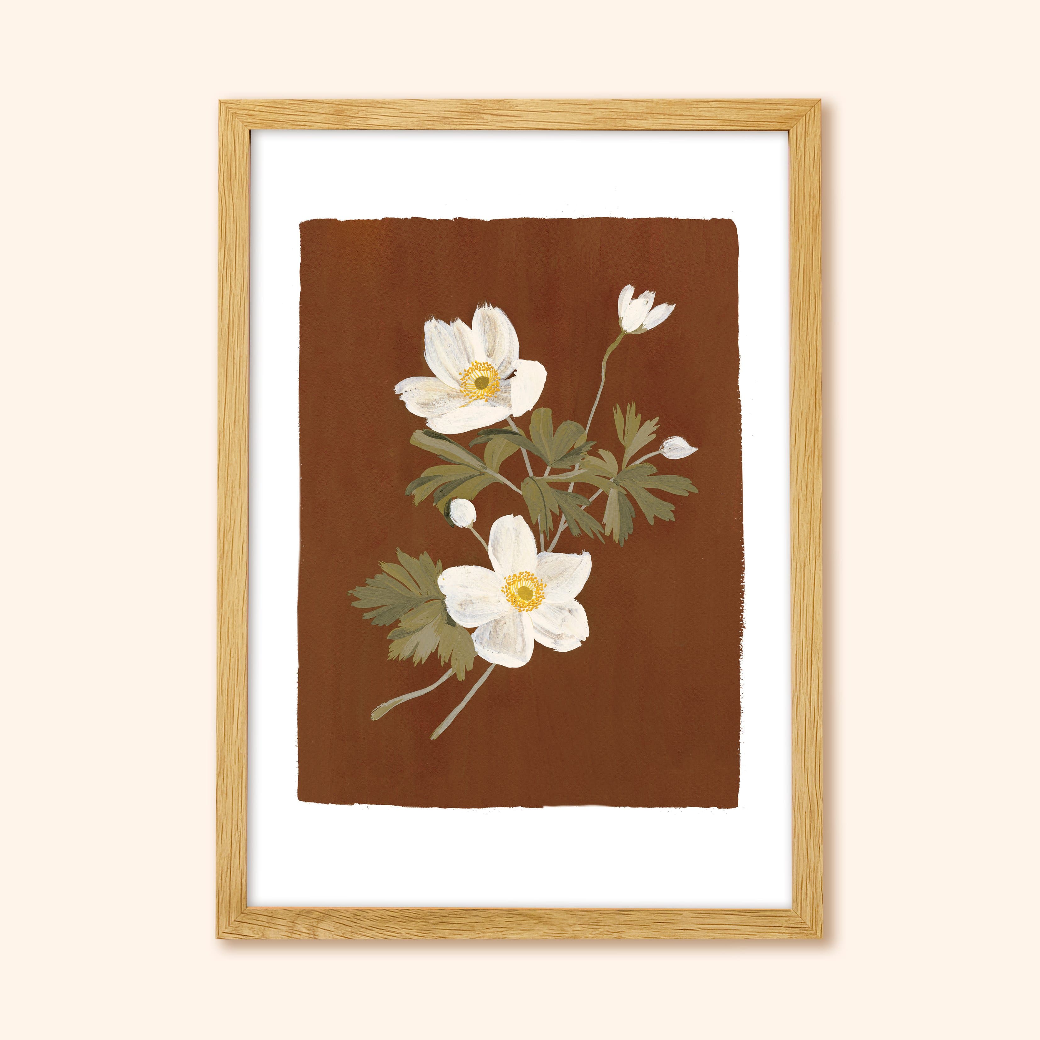 Brown Floral Botanical Art Print - Japanese Anemone