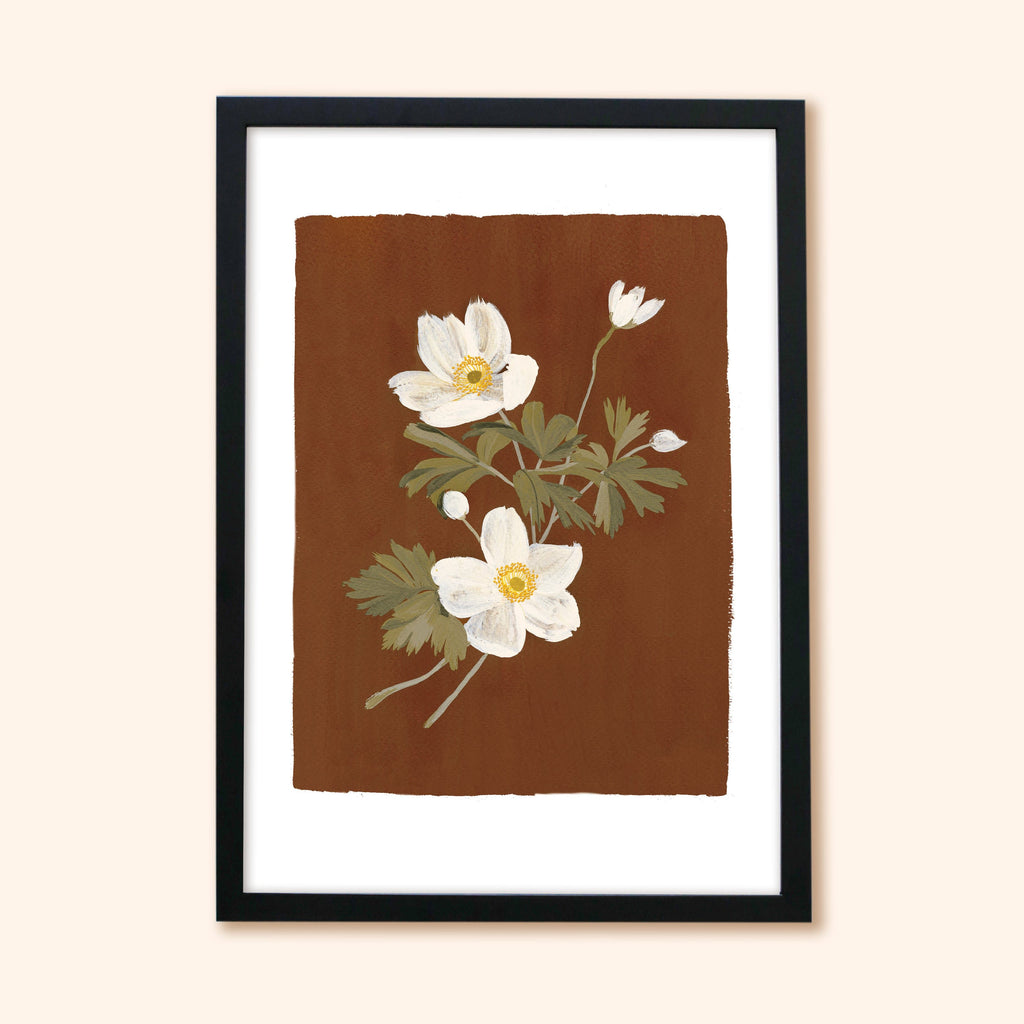 Brown Floral Botanical Art Print - Japanese Anemone
