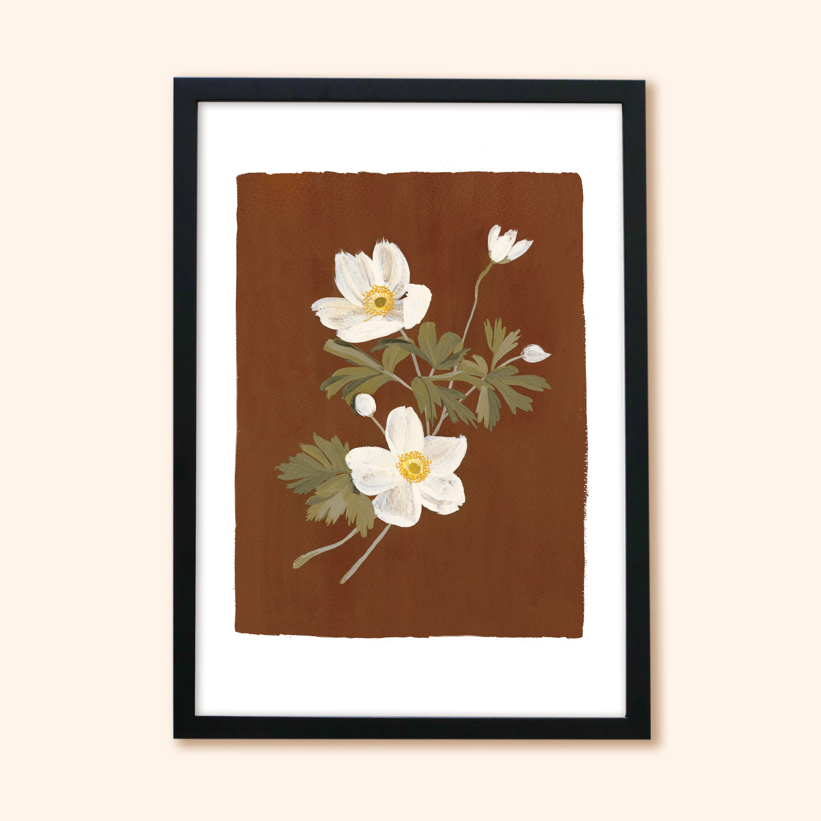 Brown Floral Botanical Art Print - Japanese Anemone