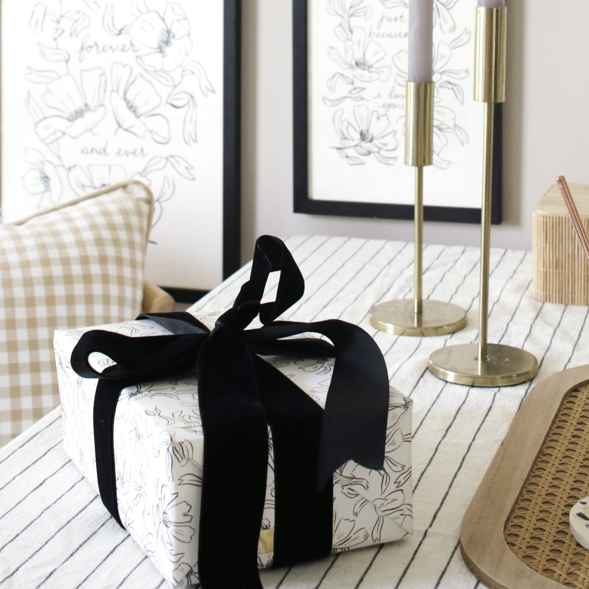 Black Floral Wrapping Paper Sheet