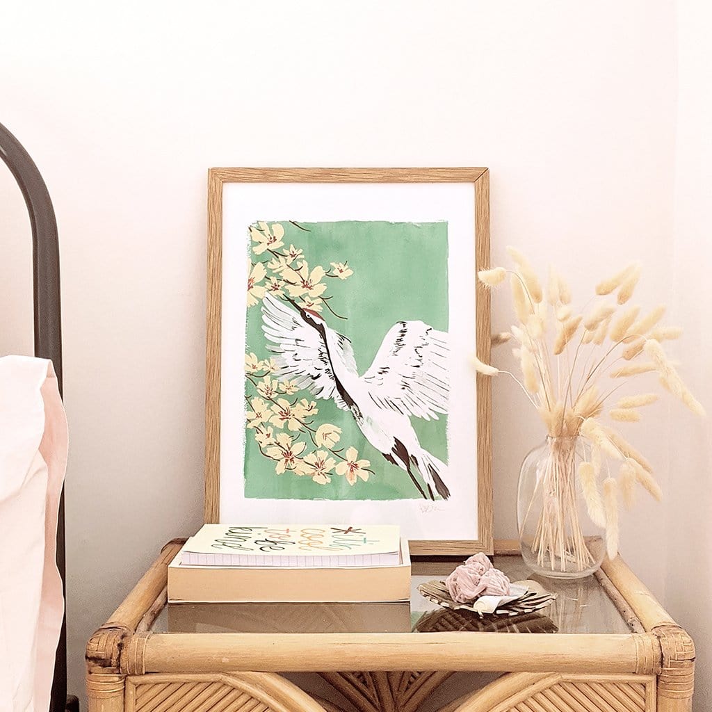Teal Botanical Japanese Crane Bird Print