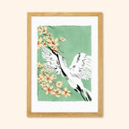 Teal Botanical Japanese Crane Bird Print