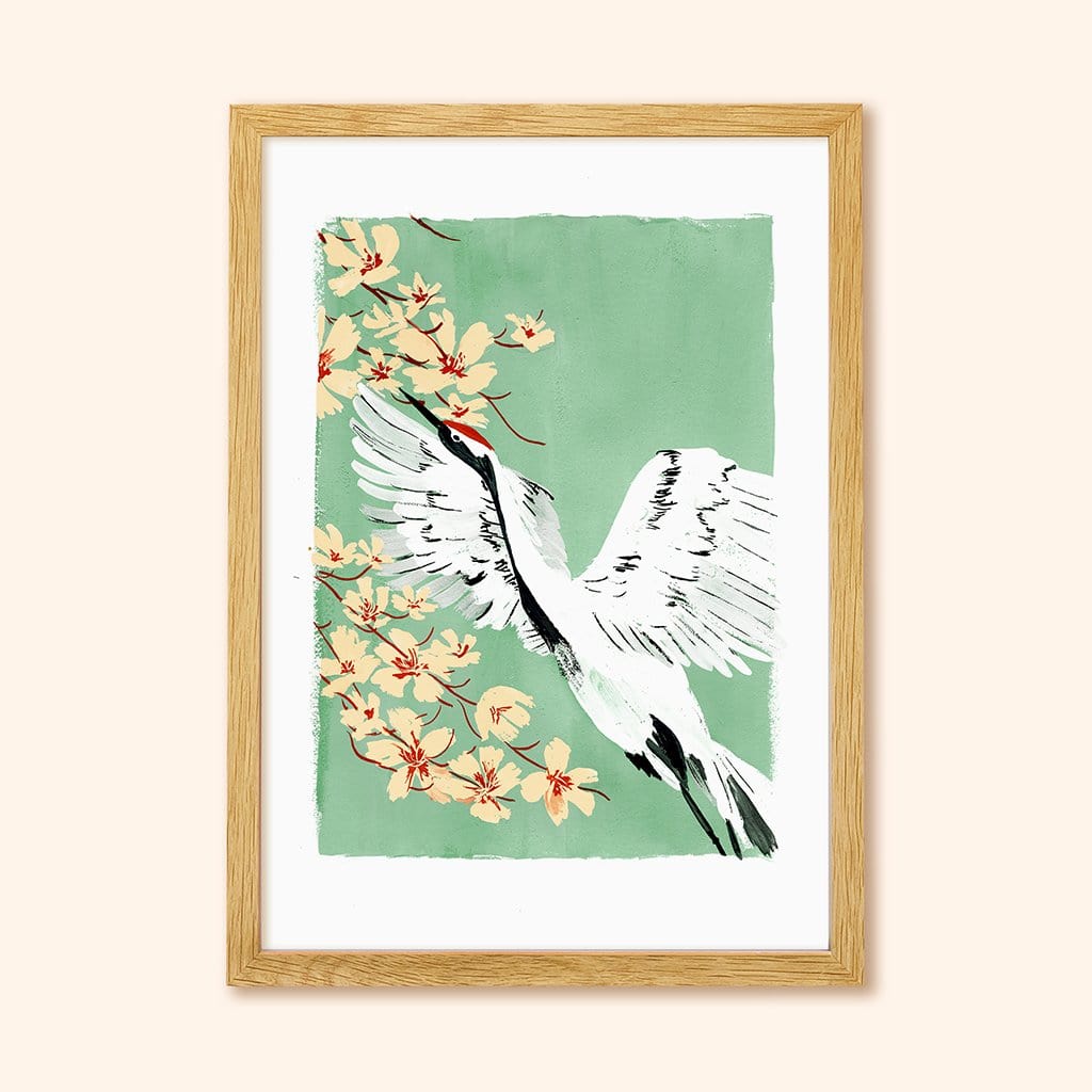 Teal Botanical Japanese Crane Bird Print