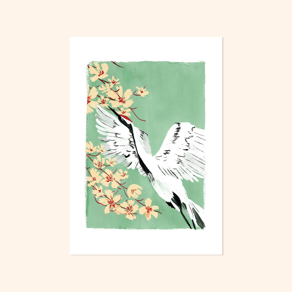 Teal Botanical Japanese Crane Bird Print