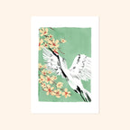Teal Botanical Japanese Crane Bird Print