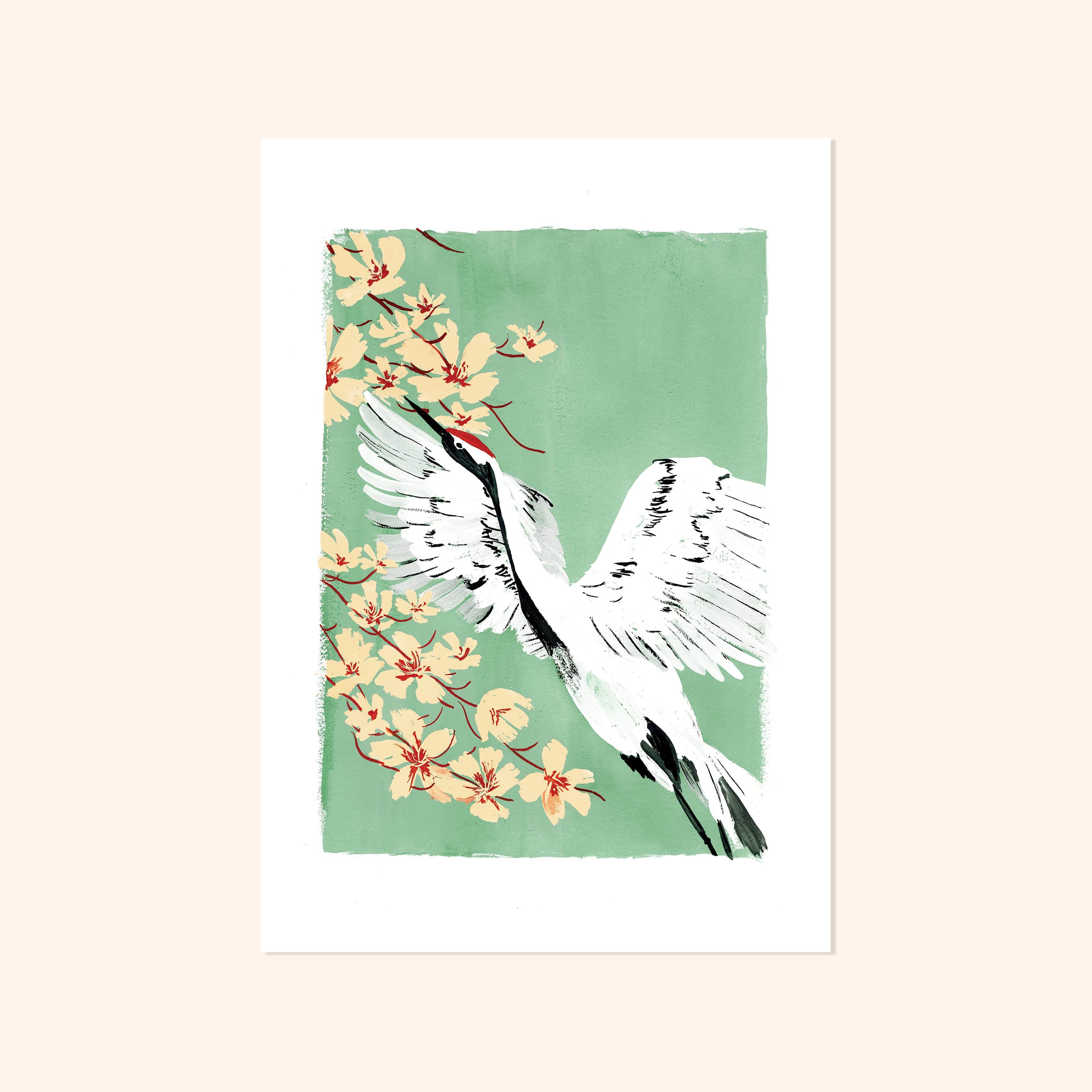 Teal Botanical Japanese Crane Bird Print
