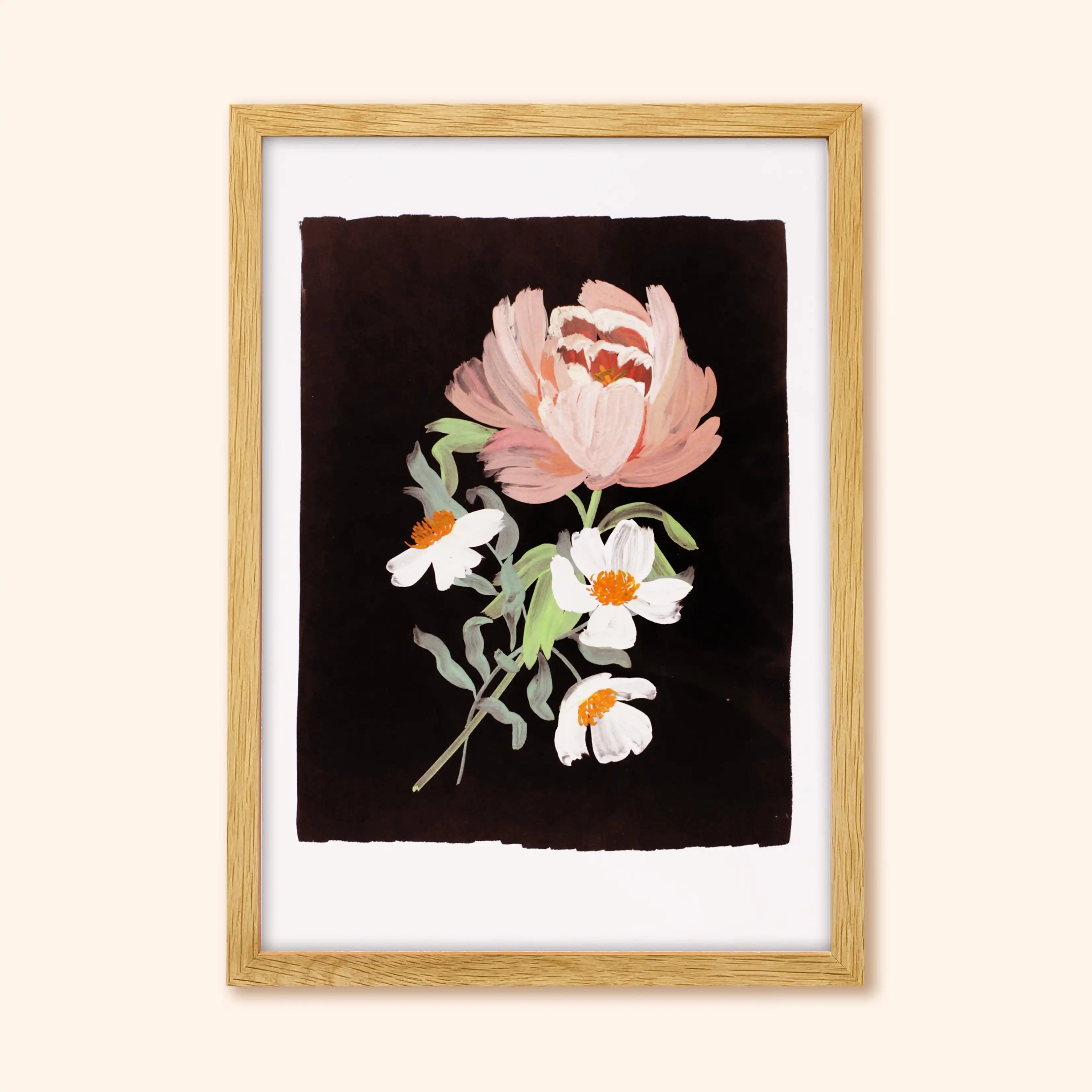 Flower Wall Art Print - Peony, Black (A3 / A4)