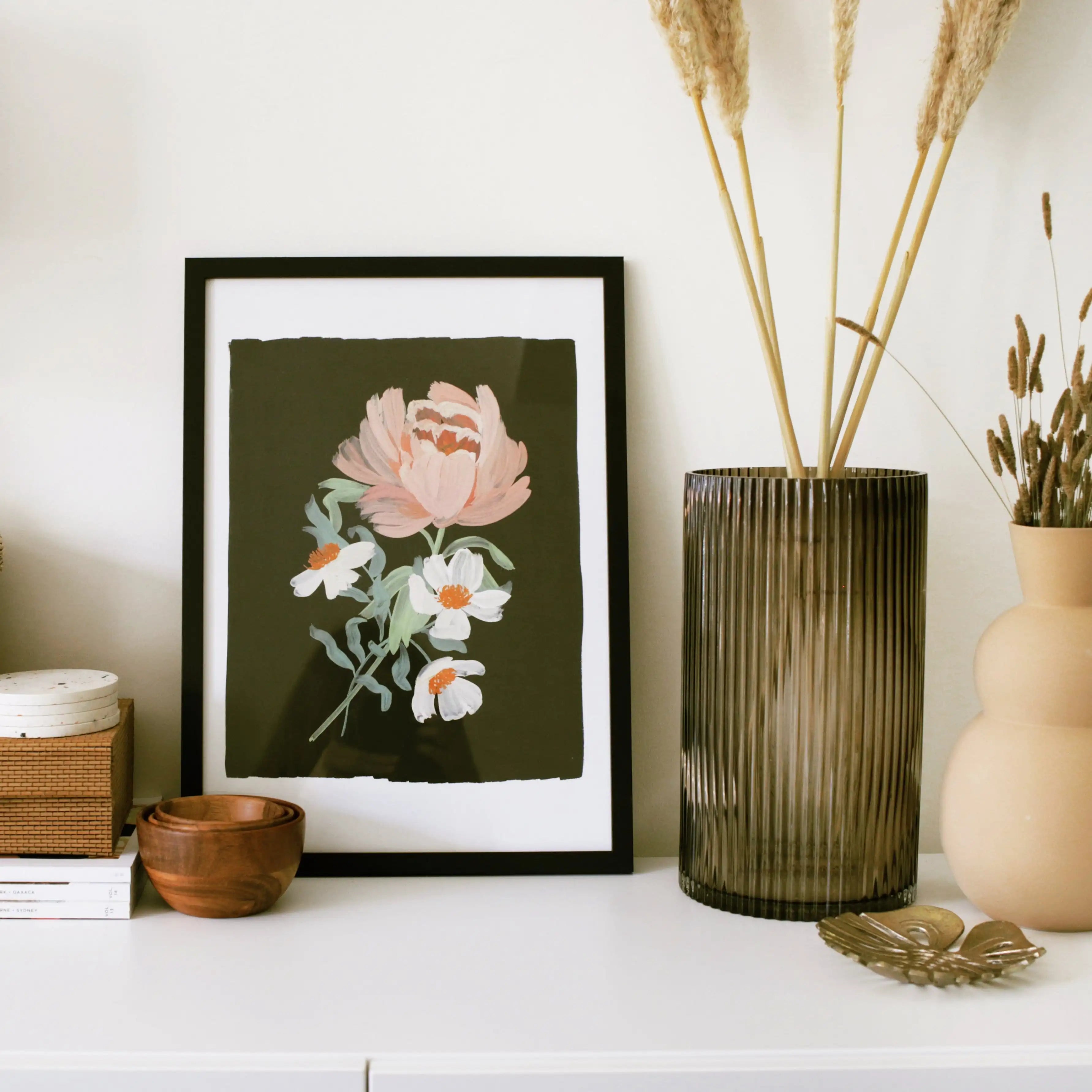 Flower Wall Art Print - Peony, Black (A3 / A4)